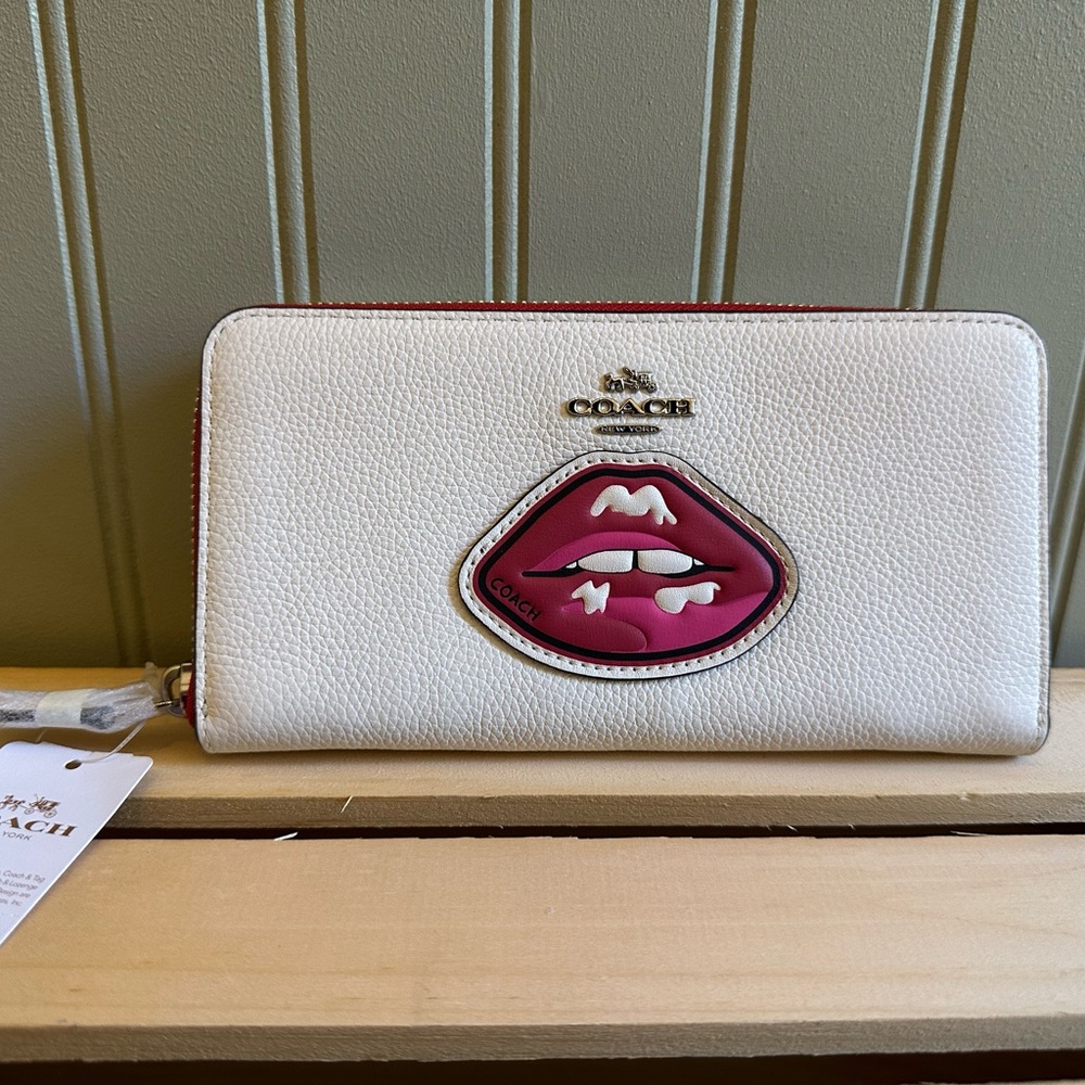 Coach White Wallet with Pink Lips Accent